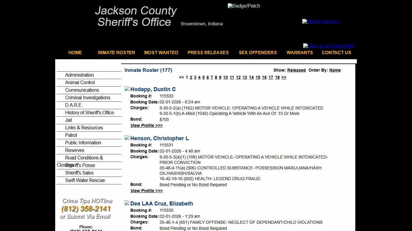 Inmate Roster - Current Inmates Booking Date Descending - Jackson County IN Sheriff